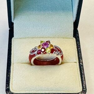 Sterling Silver Cinnamon Jade & Flower Gemstone Ring Size 5 1/2